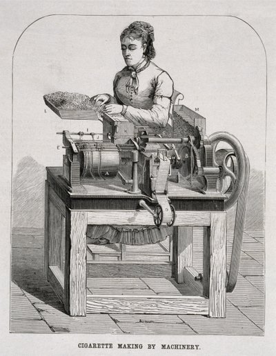 Une femme opérant une machine à rouler les cigarettes française, 1878 - American School